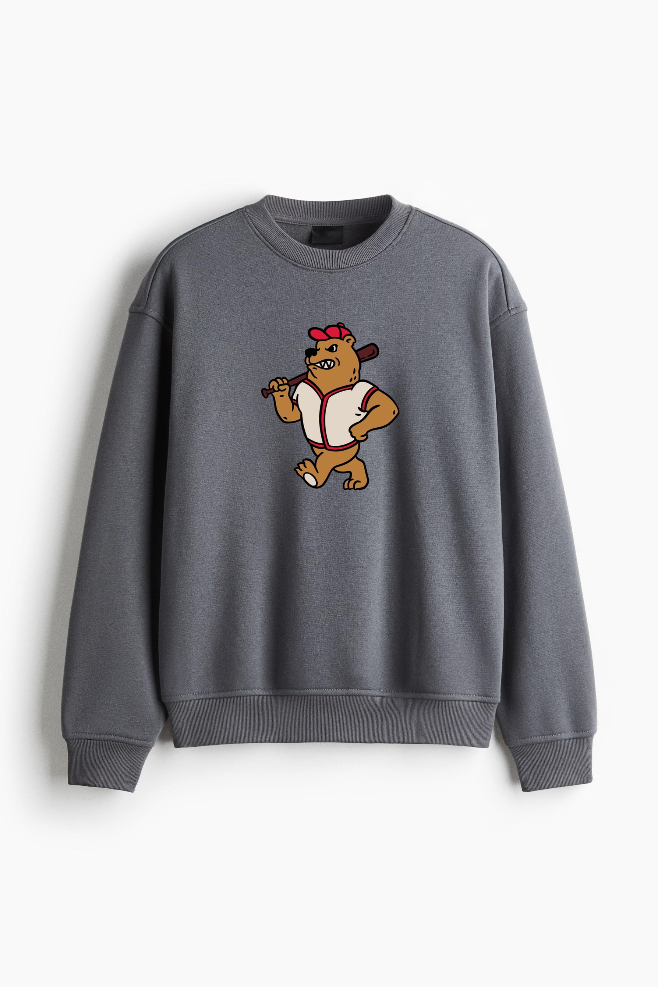 Cartoon Bear Holding A Baseball Bat Regular Fit Printed Sweatshirt