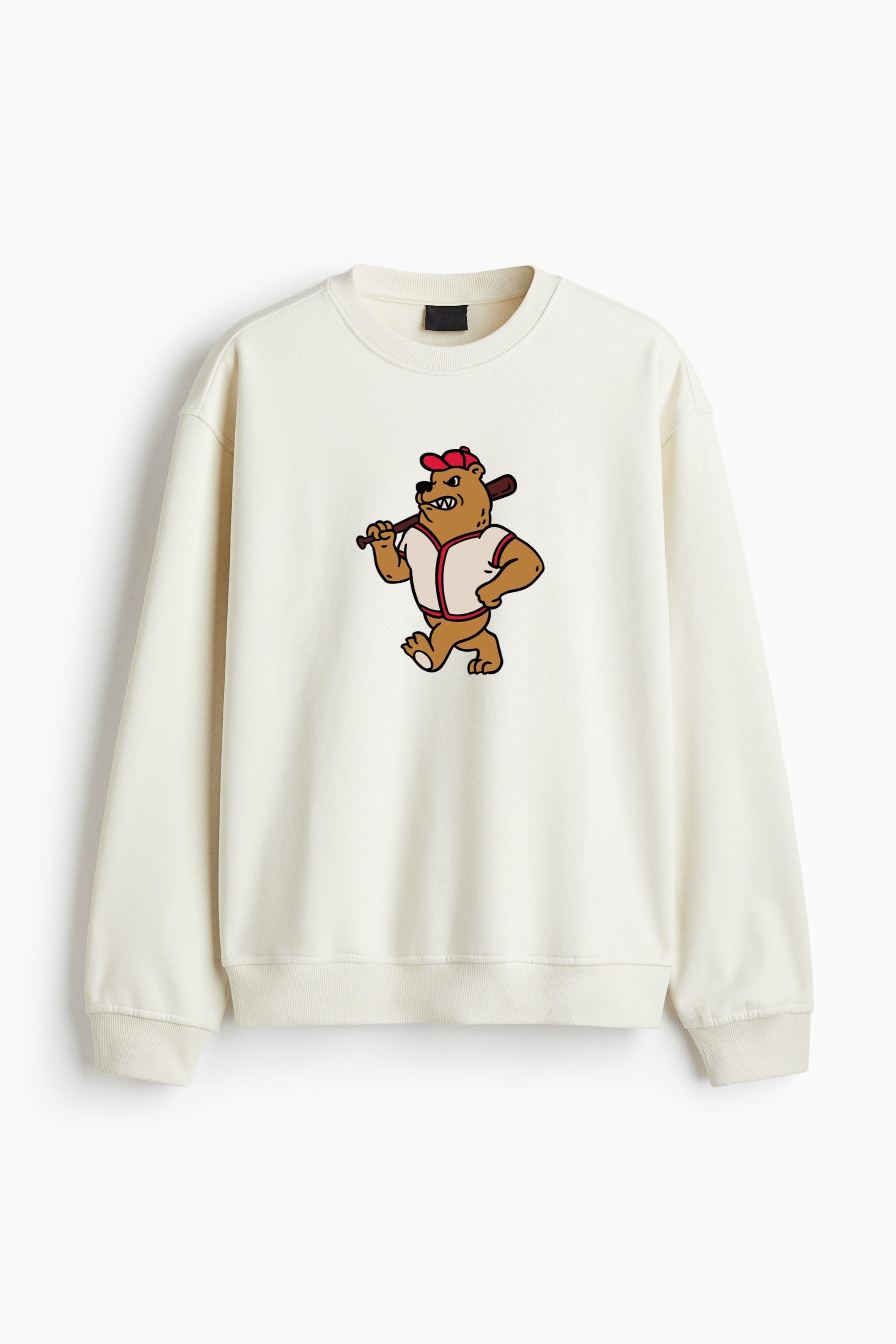 Cartoon Bear Holding A Baseball Bat Regular Fit Printed Sweatshirt - Image 3
