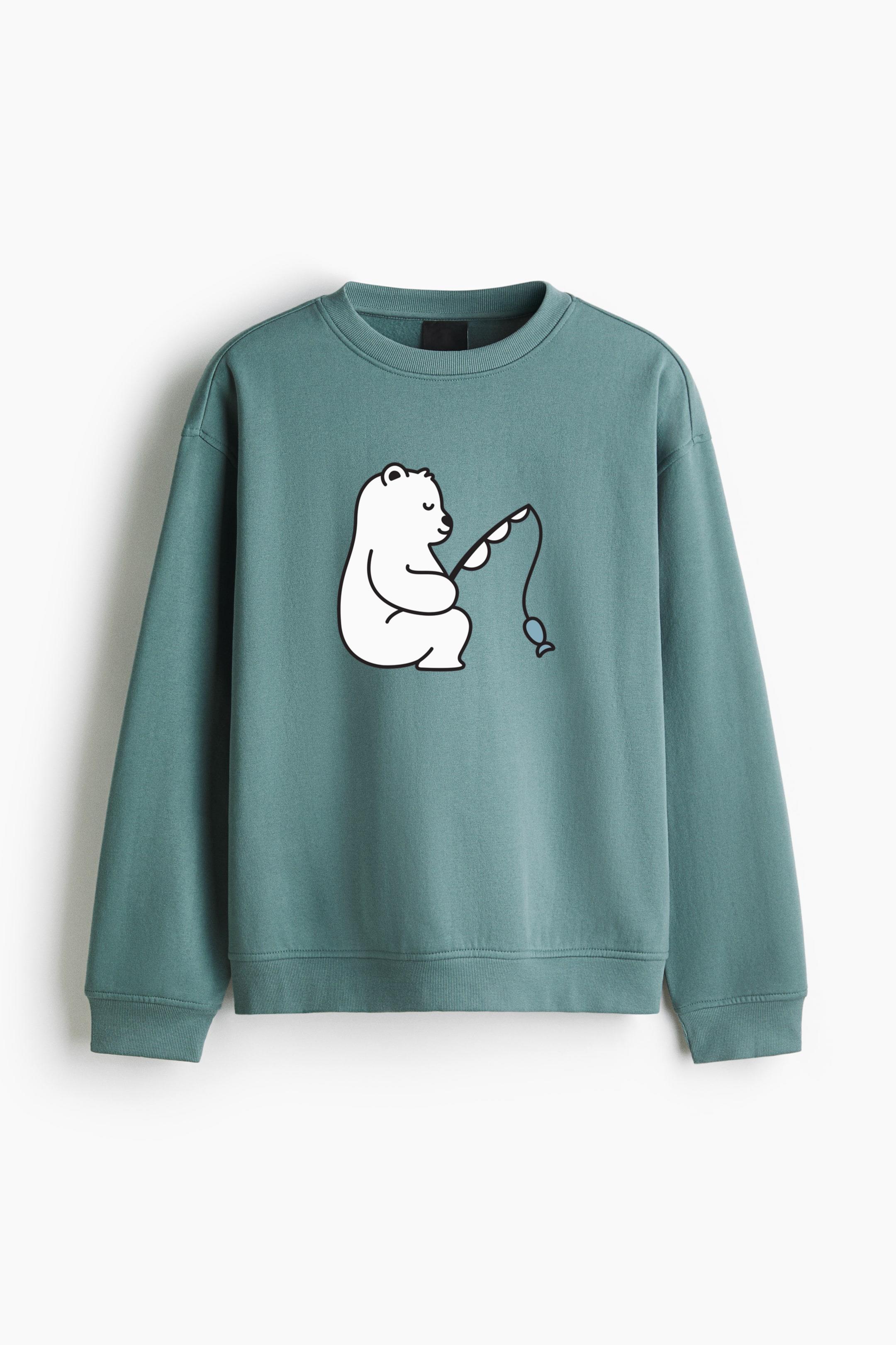 Cute Polar Bear Fishing Design Regular Fit Printed Sweatshirt - Image 4