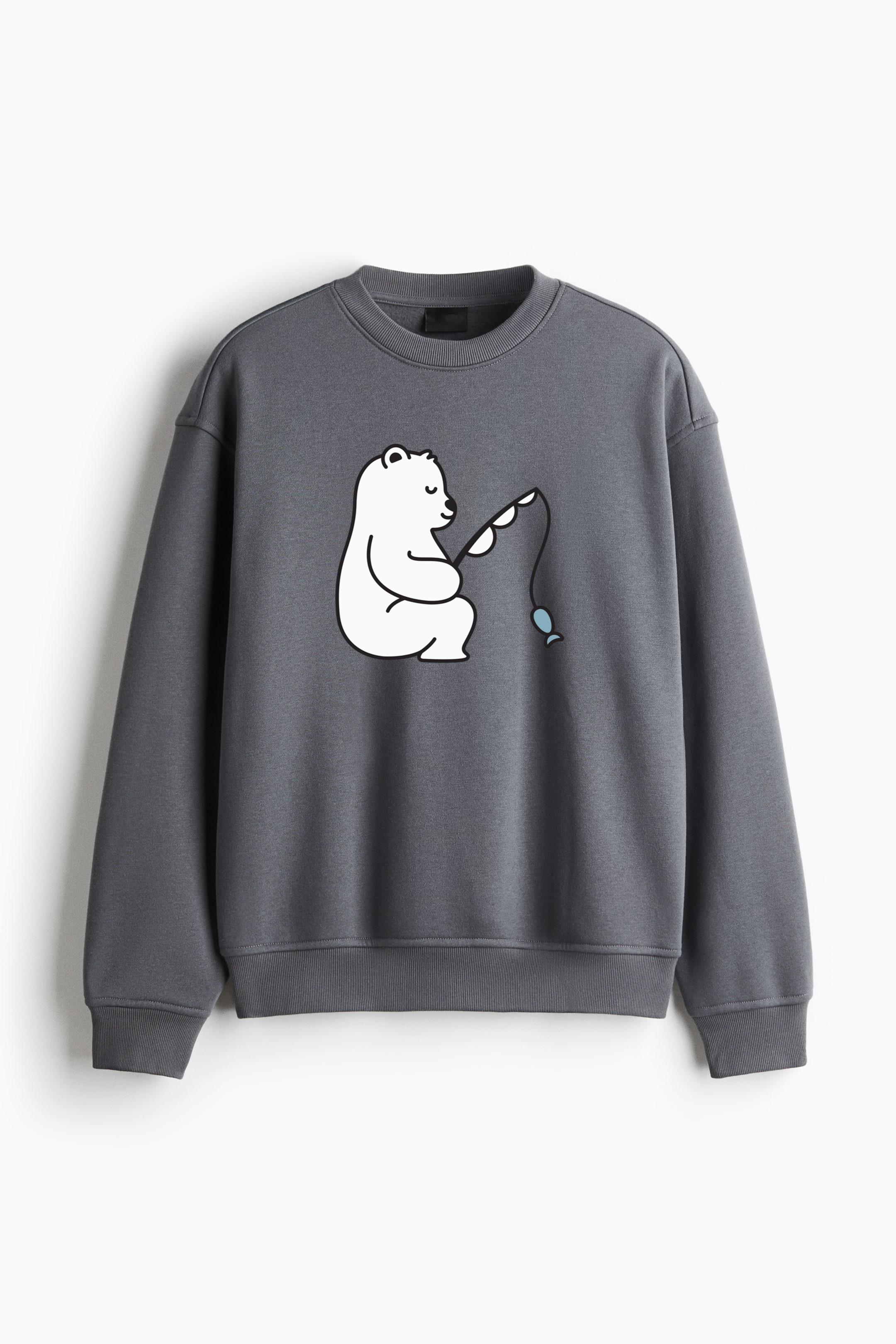 Cute Polar Bear Fishing Design Regular Fit Printed Sweatshirt