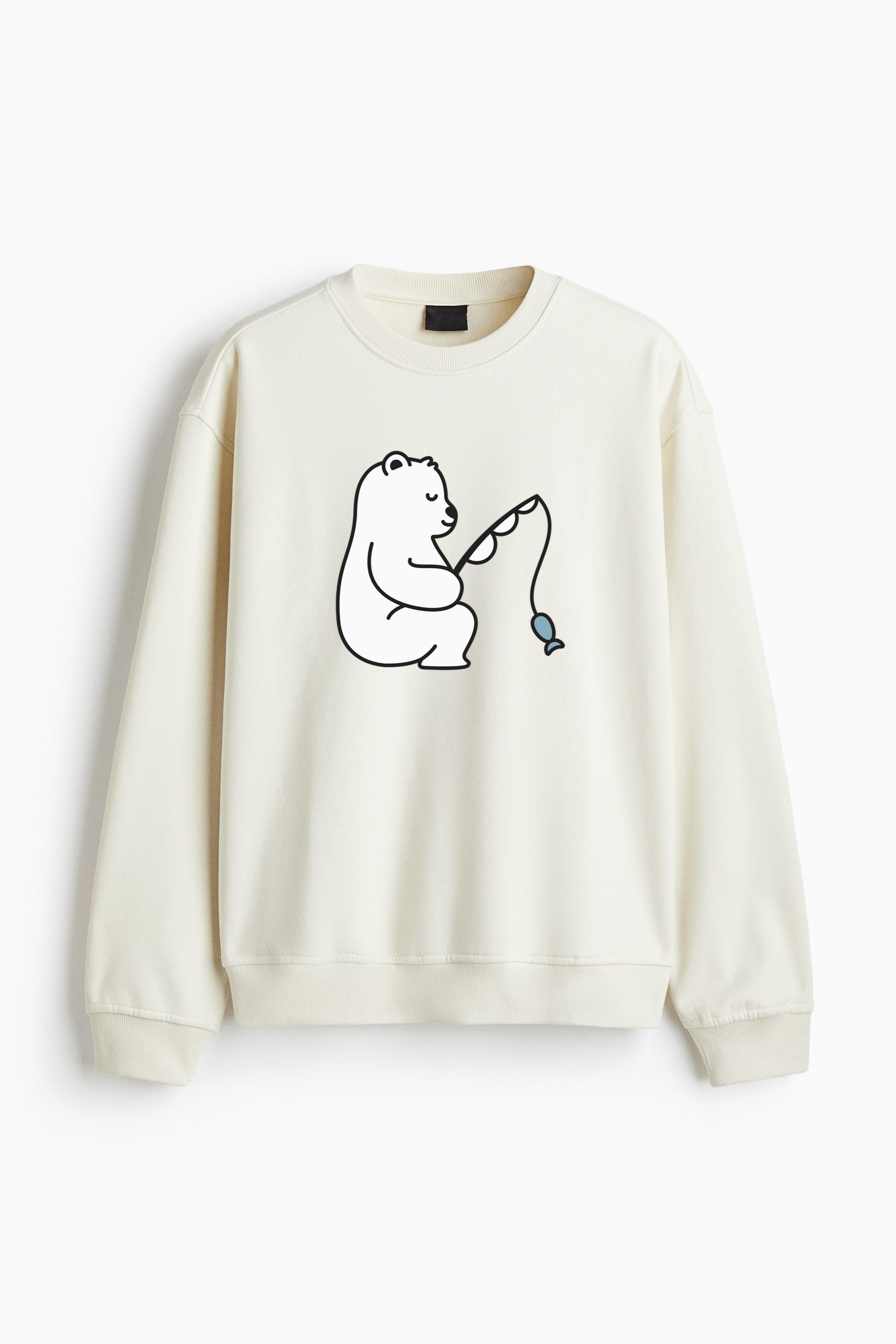Cute Polar Bear Fishing Design Regular Fit Printed Sweatshirt - Image 3