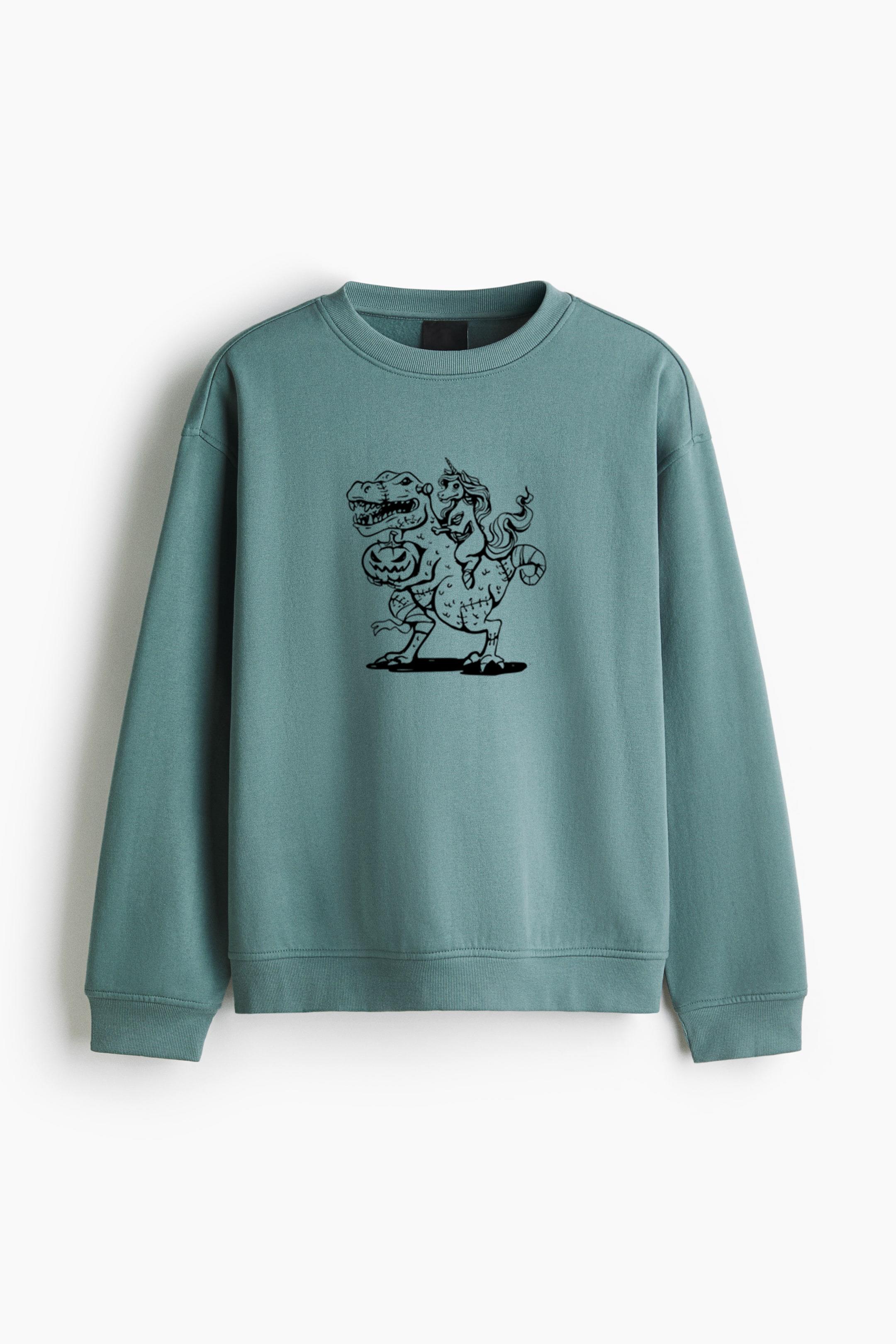Dinosaur Grasping A Jack O Lantern And Bearing A Unicorn On Its Back Regular Fit Printed Sweatshirt - Image 4