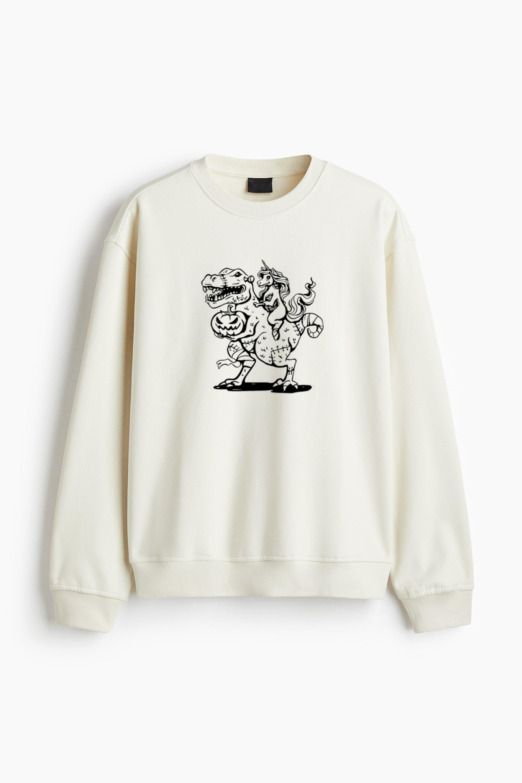 Dinosaur Grasping A Jack O Lantern And Bearing A Unicorn On Its Back Regular Fit Printed Sweatshirt - Image 3