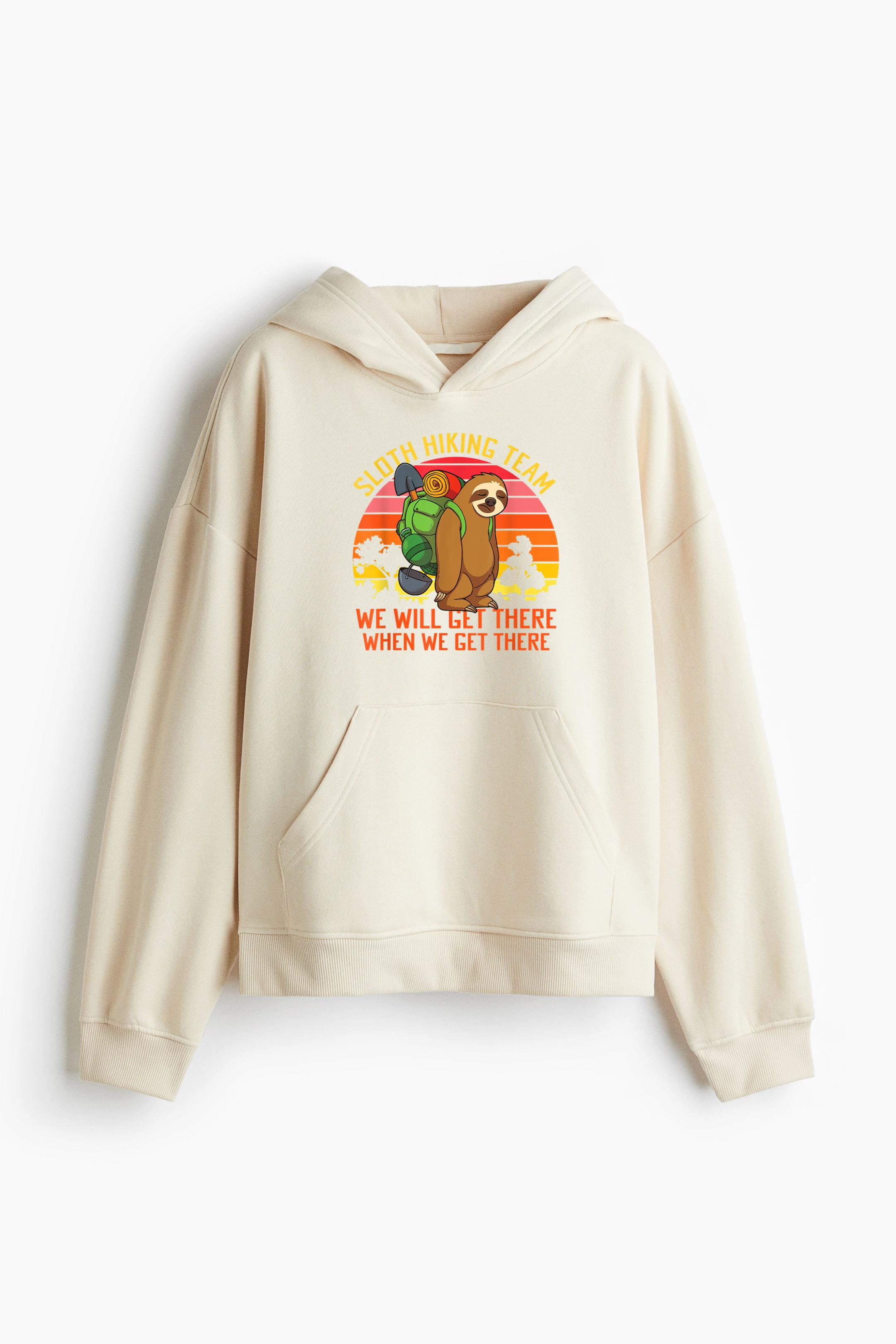 Sloth Hiking Team Well Get There When We Get There Loose-Fit Printed Hoodie