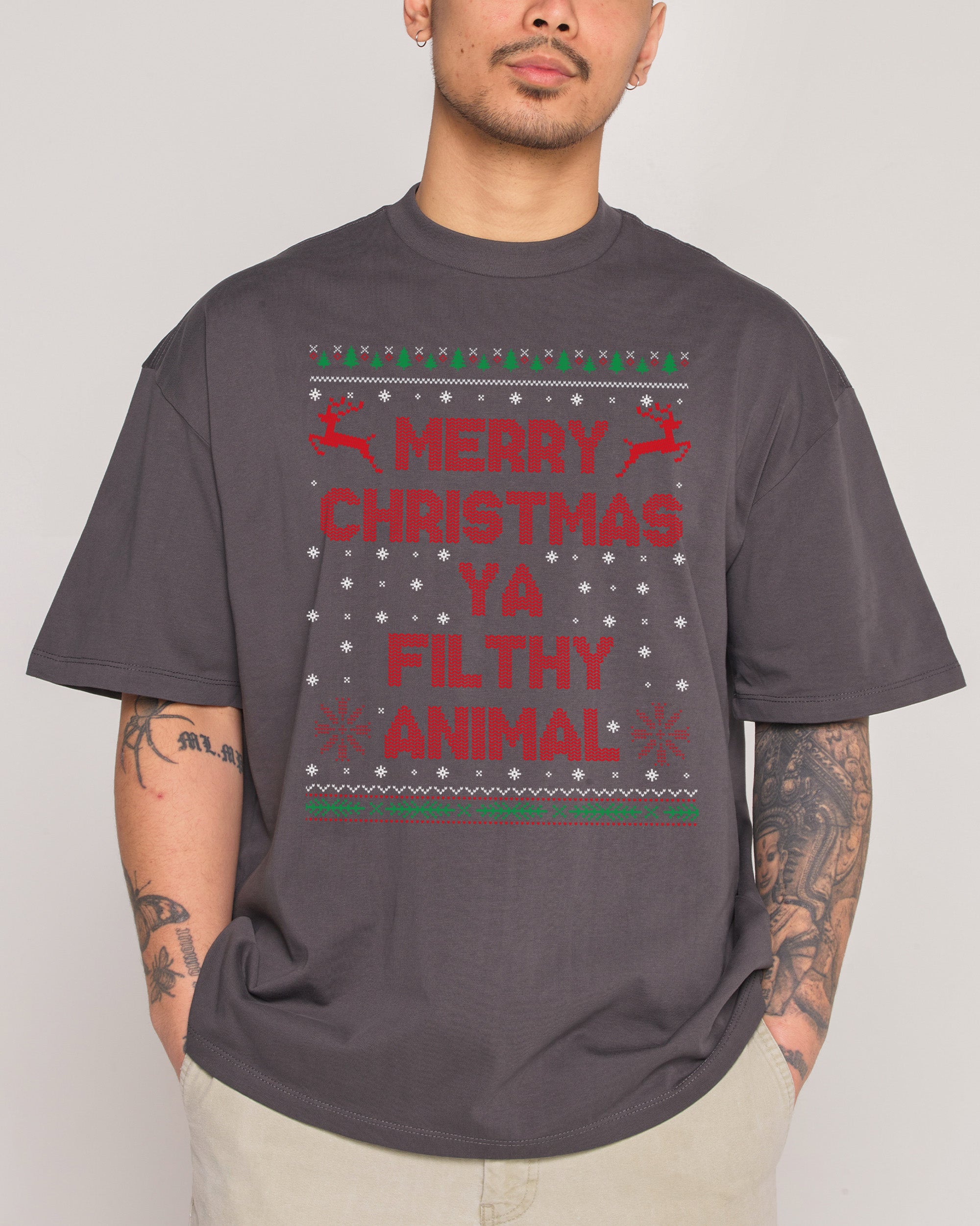 Merry Christmas Ya Filthy Animals Oversized Graphic T-Shirt - Unisex 90s Boxy Fit