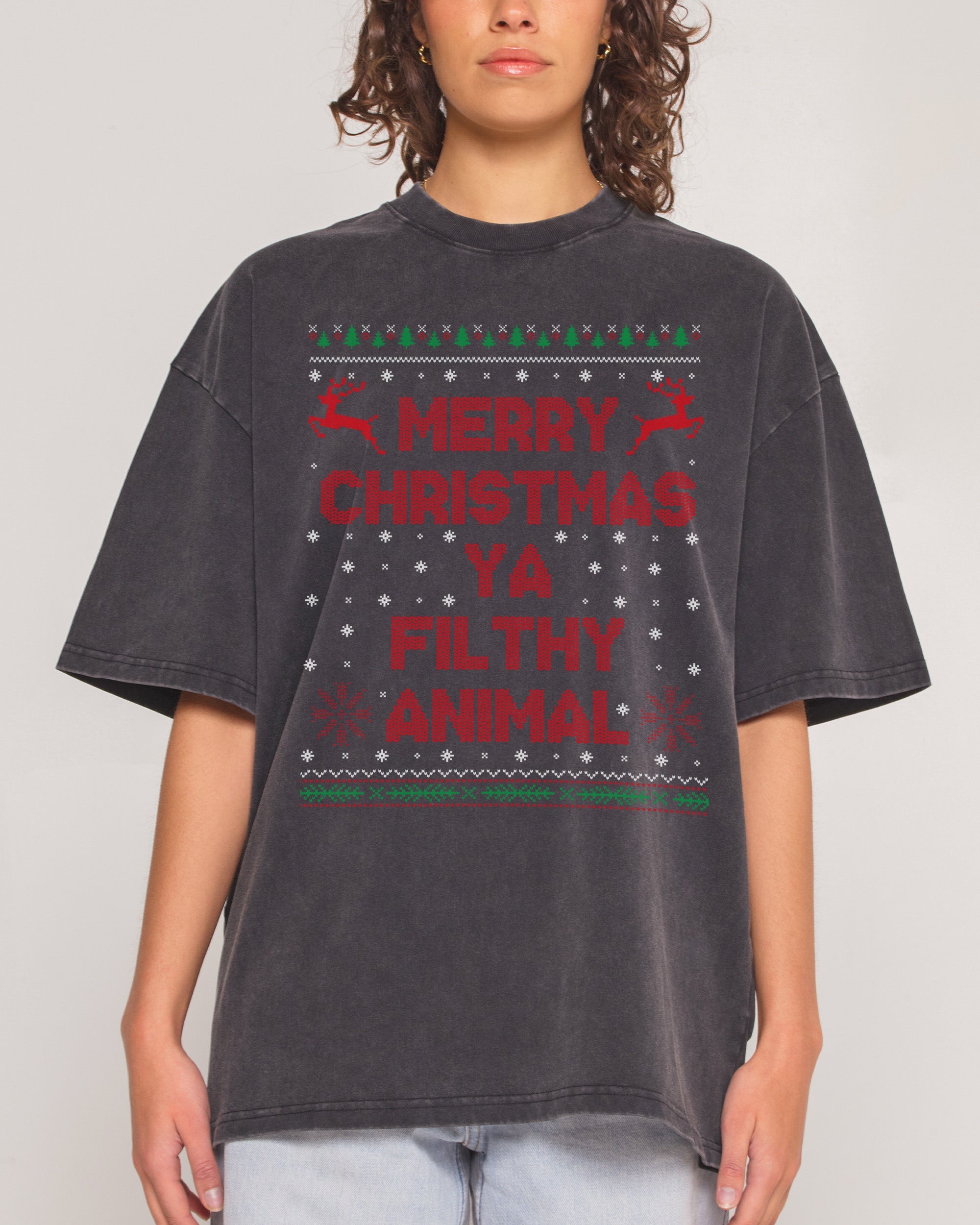 Merry Christmas Ya Filthy Animals Oversized Graphic T-Shirt - Unisex 90s Boxy Fit